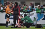 28 January 2016; Bill Corrigan, Wesley College, is assessed by medical personnel before leaving the pitch after banging his head during a tackle. Bank of Ireland Leinster Schools Senior Cup 1st Round, Gonzaga College v Wesley College. Castle Avenue, Clontarf, Dublin. Picture credit: Brendan Moran / SPORTSFILE
