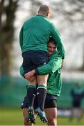 3 February 2016; Ireland's Nathan White lifts team-mate Richardt Strauss during squad training. Carton House, Maynooth, Co. Kildare. Picture credit: Brendan Moran / SPORTSFILE