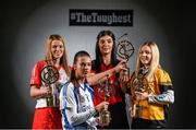 3 February 2016; Pictured are, from left, Emma McFadden from Loughgiel, who picked up the award for #TheToughest Ulster Camogie player, Ashling Thompson from Milford, who picked up the award for #TheToughest Munster Camogie player, Ciara Storey from Oulart, who picked up the award for #TheToughest Leinster Camogie player, and Susan Keane from Killimor, who picked up the award for #TheToughest Connacht Camogie player, at the AIB GAA Provincial Player Awards. AIB, sponsor to both the GAA and Camogie Club Championships, today honoured eleven club players from camogie, football and hurling. For exclusive content and to see why AIB are backing Club and County follow us @AIB_GAA and on Facebook at Facebook.com/AIBGAA. Croke Park, Dublin. Picture credit: Stephen McCarthy / SPORTSFILE