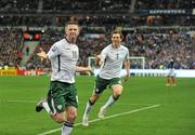 18 November 2009; Republic of Ireland's Robbie Keane celebrates after scoring his side's opening goal in the 33rd minute with team-mate Kevin Kilbane. FIFA 2010 World Cup Qualifying Play-off 2nd Leg, Republic of Ireland v France, Stade de France, Saint Denis, Paris. Picture credit: David Maher / SPORTSFILE