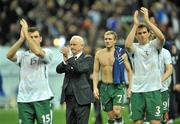 18 November 2009; Republic of Ireland manager Giovanni Trapattoni and players, left to right, Darron Gibson, Liam Lawrence and Kevin Kilbane salute the crowd at the end of the match. FIFA 2010 World Cup Qualifying Play-off 2nd Leg, Republic of Ireland v France, Stade de France, Saint-Denis, Paris, France. Picture credit: David Maher / SPORTSFILE