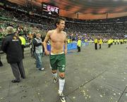 18 November 2009; Republic of Ireland player Sean St. Ledger walks back to the pitch, after throwing his jersey to the supporters, at the end of the game. FIFA 2010 World Cup Qualifying Play-off 2nd Leg, Republic of Ireland v France, Stade de France, Saint-Denis, Paris, France. Picture credit: David Maher / SPORTSFILE
