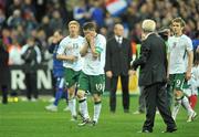 18 November 2009; A dejected Republic of Ireland captain Robbie Keane with manager Giovanni Trapattoni and team-mate Kevin Doyle at the end of the game. FIFA 2010 World Cup Qualifying Play-off 2nd Leg, Republic of Ireland v France, Stade de France, Saint-Denis, Paris, France. Picture credit: David Maher / SPORTSFILE