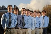 20 November 2009; Following in the footsteps of Ireland captain Brian O’Driscoll, rugby players, from left, Peter Du Toit, Ben Doyle, Andrew Boyle, David Doyle, James Thornton, David Lynch, Jordan Egan and Ben Marshall who were all awarded UCD Sports Scholarships for 2009/10 at a reception in Belfield today. O'Reilly Hall, UCD, Belfield, Dublin. Photo by Sportsfile