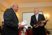 20 November 2009; The Fijian rugby team welcomed Mr Denis O’Brien, Founder of Digicel, the Fijian rugby team sponsor, to the official team blessing. The Fijian ritual, which took place at the Radisson Hotel, Stillorgan, involves the blessing of the team jerseys before each game. The team then presented Mr O’Brien with a signed jersey ahead of their clash with Ireland. Pictured are, Mr Denis O’Brien, Founder of Digicel, with Bill Gavoka, Chairman of the Fiji Rugby Union. Radisson Blu St Helens Hotel, Stillorgan Road, Dublin. Picture credit: Brian Lawless / SPORTSFILE