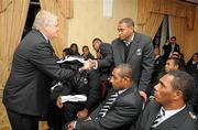 20 November 2009; The Fijian rugby team welcomed Mr Denis O’Brien, Founder of Digicel, the Fijian rugby team sponsor, to the official team blessing. The Fijian ritual, which took place at the Radisson Hotel, Stillorgan, involves the blessing of the team jerseys before each game. The team then presented Mr O’Brien with a signed jersey ahead of their clash with Ireland. Pictured are, Mr Denis O’Brien, Founder of Digicel, presenting Fiji's Norman Ligairi with his jersey. Radisson Blu St Helens Hotel, Stillorgan Road, Dublin. Picture credit: Brian Lawless / SPORTSFILE