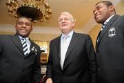 20 November 2009; The Fijian rugby team welcomed Mr Denis O’Brien, Founder of Digicel, the Fijian rugby team sponsor, to the official team blessing. The Fijian ritual, which took place at the Radisson Hotel, Stillorgan, involves the blessing of the team jerseys before each game. The team then presented Mr O’Brien with a signed jersey ahead of their clash with Ireland. Pictured are, Mr Denis O’Brien, Founder of Digicel, with Fijian rugby players Waisale Vatuvoka, left, and Viliame Veikoso. Radisson Blu St Helens Hotel, Stillorgan Road, Dublin. Picture credit: Brian Lawless / SPORTSFILE