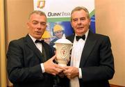 20 November 2009; Pat McEnaney, from Monaghan, who won the Referee of the Year Award, along with Sean Quinn, Quinn Insurance, right, at the Ulster GAA Writers Annual Awards Banquet 2009. The 22nd Ulster GAA Writers Association Awards Banquet, sponsored by Quinn Insurance, Slieve Russell Hotel, Ballyconnell, Co. Cavan. Picture credit: Oliver McVeigh / SPORTSFILE