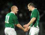 21 November 2009; Keith Earls, Ireland, is congratulated by captain Brian O’Driscoll, right, after scoring his side's first try. Autumn International Guinness Series 2009, Ireland v Fiji, Royal Dublin Society, Ballsbridge, Dublin. Picture credit: Stephen McCarthy / SPORTSFILE