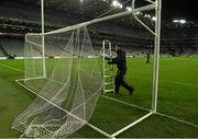 30 January 2016; Colm Daly, a member of the Croke Park ground staff, removes the nets after the game. Allianz Football League, Division 1, Round 1, Dublin v Kerry, Croke Park, Dublin. Picture credit: Ray McManus / SPORTSFILE
