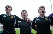 3 February 2016; Seamus Noone, George Morgan and Levi Vaughan, Terenure College, celebrate after the game. Bank of Ireland Leinster Schools Junior Cup, Round 1, Terenure College v Cistercian College, Roscrea, Donnybrook Stadium, Donnybrook, Dublin. Picture credit: Sam Barnes / SPORTSFILE