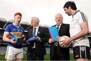 4 February 2016; Hurler Cian Lynch, Patrickswell, Uachtarán Chumann Lúthchleas Gael Aogán Ó Fearghail, who is holding his club's shirt, Drumgoon Éire Óg, Tom O'Reilly, Chairman, Club and County Advice Committee and footballer Joe McMahon, Omagh St Enda's, in attendance at the launch of Lá na gClubanna. Croke Park, Dublin. Picture credit: Seb Daly / SPORTSFILE