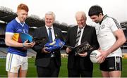 4 February 2016; Hurler Cian Lynch, Patrickswell, Uachtarán Chumann Lúthchleas Gael Aogán Ó Fearghail, who is holding his club's shirt, Drumgoon Éire Óg, Tom O'Reilly, Chairman, Club and County Advice Committee and footballer Joe McMahon, Omagh St Enda's, in attendance at the launch of Lá na gClubanna. Croke Park, Dublin. Picture credit: Seb Daly / SPORTSFILE