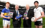 4 February 2016; Hurler Cian Lynch, Patrickswell, Uachtarán Chumann Lúthchleas Gael Aogán Ó Fearghail, who is holding his club's shirt, Drumgoon Éire Óg, Tom O'Reilly, Chairman, Club and County Advice Committee and footballer Joe McMahon, Omagh St Enda's, in attendance at the launch of Lá na gClubanna. Croke Park, Dublin. Picture credit: Seb Daly / SPORTSFILE