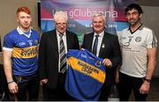 4 February 2016; Hurler Cian Lynch, Patrickswell, Tom O'Reilly, Chairman, Club and County Advice Committee, Uachtarán Chumann Lúthchleas Gael Aogán Ó Fearghail, who is holding his club's shirt, Drumgoon Éire Óg, and footballer Joe McMahon, Omagh St Enda's, in attendance at the launch of Lá na gClubanna. Croke Park, Dublin. Picture credit: Seb Daly / SPORTSFILE