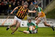 17 January 2016; Conor Delaney, Kilkenny, gets past the challenge of Offaly's James Mulrooney, bottom, and Seán Cleary. Bord na Mona Walsh Cup Group 1, Offaly v Kilkenny. St Brendan's Park, Birr, Co. Offaly. Picture credit: Piaras Ó Mídheach / SPORTSFILE