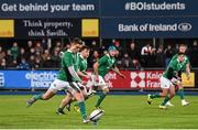 5 February 2016; Johnny McPhillips, Ireland, kicks a penalty. Electric Ireland U20 Six Nations Rugby Championship, Ireland v Wales, Donnybrook Stadium, Donnybrook, Dublin. Picture credit: Ramsey Cardy / SPORTSFILE