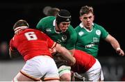 5 February 2016; Peter Claffey, Ireland, is tackled by Tom Phillips, left, and Harrison Keddie, Wales. Electric Ireland U20 Six Nations Rugby Championship, Ireland v Wales, Donnybrook Stadium, Donnybrook, Dublin. Picture credit: Ramsey Cardy / SPORTSFILE