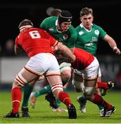 5 February 2016; Peter Claffey, Ireland, is tackled by Tom Phillips, left, and Harrison Keddie, Wales. Electric Ireland U20 Six Nations Rugby Championship, Ireland v Wales, Donnybrook Stadium, Donnybrook, Dublin. Picture credit: Ramsey Cardy / SPORTSFILE