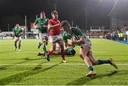 5 February 2016; Shane Daly, Ireland, scores his side's third try of the game. Electric Ireland U20 Six Nations Rugby Championship, Ireland v Wales, Donnybrook Stadium, Donnybrook, Dublin. Picture credit: Ramsey Cardy / SPORTSFILE