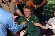 26 November 2009; South Africa's Jean de Villiers is interviewed by journalists during the squad announcement ahead of their Autumn International Guinness Series 2009 match against Ireland on Saturday. Burlington Hotel, Dublin. Picture credit: Matt Browne / SPORTSFILE