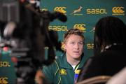 26 November 2009; South Africa's Jean de Villiers is interviewed by South Africa TV during the squad announcement ahead of their Autumn International Guinness Series 2009 match against Ireland on Saturday. Burlington Hotel, Dublin. Picture credit: Matt Browne / SPORTSFILE