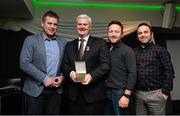 5 February 2016; Uachtarán Chumann Lúthchleas Gael Aogán Ó Fearghail presents, from left, Dara Ó Cinnéide, Seán Ó Cualáin, director, and Éamonn Ó Cualáin, producer, with the Gradam Gaeilge Award for the programme &quot;GAA-USA&quot; by Sónta Films. 2015 GAA MacNamee Awards. Croke Park, Dublin. Picture credit: Piaras Ó Mídheach / SPORTSFILE