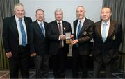 5 February 2016; Tommy O'Connor, centre right, award winner for Best GAA Publication &quot; North Kerry - A Hurling History,&quot; with Uachtarán Chumann Lúthchleas Gael Aogán Ó Fearghail, centre left, and Joe Walsh, left, Paudie Dineen, second from left, and Pat Dineen, right, after receiving his award at the 2015 GAA MacNamee Awards. Croke Park, Dublin. Picture credit: Cody Glenn / SPORTSFILE