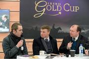 6 February 2016; Actor James Nesbitt, with Kevin O'Ryan, centre, of At the Races and MC Denis Kirwan, right, speaking on The Winning Line during the Irish Gold Cup Day. Horse Racing from Leopardstown. Leopardstown, Co. Dublin. Picture credit: Brendan Moran / SPORTSFILE