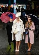 6 February 2016; Racegoers, from left, Gretta Peters, from Bansha, Co. Tipperary, Helen Murphy, from Douglas, Co. Cork, and Sinead Hayes, from Dublin Pike, Co. Cork. Powerscourt Hotel Resort & Spa was delighted to partner with Irish Gold Cup Day at Leopardstown on February 6th 2016, one of the most prestigious and glamorous race days in the National Hunt Season. The overalll prize for Most Stylish Lady included a luxurious night's stay in the palatial Powerscourt Hotel's Presidential suite,, Dinner for two in Powerscourt Hotel's newly refurbished Sika restaurant, 2 treatments in the award winning ESPA and one year membership of Powerscourt's Leisure Club, which boasts a Swarovski crystal lit swimming pool and gym and access to the ESPA Facilities. Horse Racing from Leopardstown. Leopardstown, Co. Dublin. Picture credit: Cody Glenn / SPORTSFILE