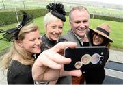 6 February 2016; A celebrity 'superselfie' snapped, from left, Nuala Carey, RTÉ, Sonia Molich, TV3 Stylist, Dáithí Ó Sé, broadcaster, and Sinéad Desmond, TV3 Ireland AM. Horse Racing from Leopardstown. Leopardstown, Co. Dublin. Picture credit: Cody Glenn / SPORTSFILE