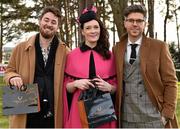 6 February 2016; Pictured is TV Presenter & Style Entrepreneur Darren Kennedy, right, with the winners of Powerscourt Hotel Style Awards Most Stylish Lady and Most Edgy Gentleman Laura Jayne Halton, from Maynooth, Co. Kildare and Dylan Martin, from Denver, Colorado, USA. Powerscourt Hotel Resort & Spa was delighted to partner with Irish Gold Cup Day at Leopardstown on February 6th 2016, one of the most prestigious and glamorous race days in the National Hunt Season. The overalll prize for Most Stylish Lady included a luxurious night's stay in the palatial Powerscourt Hotel's Presidential suite,, Dinner for two in Powerscourt Hotel's newly refurbished Sika restaurant, 2 treatments in the award winning ESPA and one year membership of Powerscourt's Leisure Club, which boasts a Swarovski crystal lit swimming pool and gym and access to the ESPA Facilities. Horse Racing from Leopardstown. Leopardstown, Co. Dublin. Picture credit: Cody Glenn / SPORTSFILE