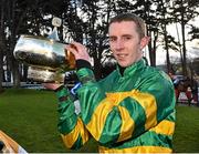 6 February 2016; Mark Walsh with the Irish Gold Cup after he won on Carlingford Lough. Horse Racing from Leopardstown. Leopardstown, Co. Dublin. Picture credit: Matt Browne / SPORTSFILE