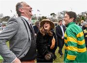 6 February 2016; Jockey Barry Geraghty shares a laugh with broadcaster Dáithí Ó Sé and Sinéad Desmond, TV3 Ireland AM, after winning the 1888 Restaurant Handicap Hurdle. Horse Racing from Leopardstown. Leopardstown, Co. Dublin. Picture credit: Cody Glenn / SPORTSFILE