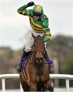 6 February 2016; Mark Walsh celebrates after winning the Irish Gold Cup on Carlingford Lough. Horse Racing from Leopardstown. Leopardstown, Co. Dublin. Picture credit: Matt Browne / SPORTSFILE