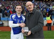6 February 2016; Pictured is Denis O’Callaghan, Head of Distribution, AIB, presenting Stephen O'SullEvan, Templenoe, with the Man of the Match award for his outstanding performance in the AIB GAA Junior Football Club Championship Final, Ardnaree Sarsfields vs Templenoe in Croke Park. For exclusive content and to see why AIB are backing Club and County follow us @AIB_GAA and on Facebook at Facebook.com/AIBGAA. Picture credit: Stephen McCarthy / SPORTSFILE
