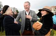 6 February 2016; Maureen Mullins shares a laugh with broadcaster Dáithí Ó Sé and Sinéad Desmond, TV3 Ireland AM, in the parade ring. Horse Racing from Leopardstown. Leopardstown, Co. Dublin. Picture credit: Cody Glenn / SPORTSFILE