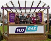 6 February 2016; John Rooney, 2nd from left, Managing Director, Flogas, makes a presentation to the winning connections of the Flogas Novice Steeplechase, including Michael O'Leary, left, and Edward O'Leary of Gigginstown House Stud, and trainer Willie Mullins. Horse Racing from Leopardstown. Leopardstown, Co. Dublin. Picture credit: Brendan Moran / SPORTSFILE