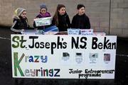 6 February 2016; Chloe Kirrane, Sarah Ronayne, Nkita Tighe and Conor Mooney, pupils of St Joseph's National School, Bekan, Co Mayo, set out their stall, as part of their Junior Entrepreneur Programme, selling wristbands and keyrings before the game. Allianz Football League, Division 1, Round 2, Mayo v Dublin. Elverys MacHale Park, Castlebar, Co. Mayo. Picture credit: Ray McManus / SPORTSFILE