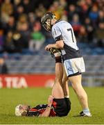 6 February 2016; Des Mythen, Oulart the Ballagh, gets some assistance with cramp during extra-time from Na Piarsaigh captain Cathal King. AIB GAA Hurling Senior Club Championship, Semi-Final, Oulart the Ballagh v Na Piarsaigh. Semple Stadium, Thurles, Co. Tipperary. Picture credit: Diarmuid Greene / SPORTSFILE