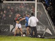 6 February 2016; Mayo's Colm Boyle and Dublin's John Small tussle in the Dublin goal before receiving a second yellow card each from referee Padraigh Hughes in the last minute of the game. Allianz Football League, Division 1, Round 2, Mayo v Dublin. Elverys MacHale Park, Castlebar, Co. Mayo. Picture credit: Ray McManus / SPORTSFILE
