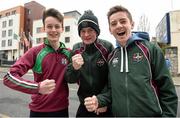 7 February 2016; Eoghan Rua supporters, from left, Pearse Donaghy, Devlin Donnelly and Eoin Canning, all age 16, from Portstewart, Co. Derry. AIB GAA Hurling All-Ireland Junior Club Championship Final, Eoghan Rua v Glenmore. Croke Park, Dublin. Picture credit: Cody Glenn / SPORTSFILE