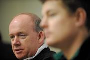 27 November 2009; Ireland head coach Declan Kidney and captain Brian O'Driscoll during a press conference ahead of their Autumn International Guinness Series 2009 match against South Africa on Saturday. The Croke Park Hotel, Jones’ Road, Dublin. Picture credit: Brian Lawless / SPORTSFILE