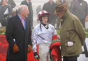 28 November 2009; Jockey Patrick Flood speaking with owner Robert Bagnall, left, and trainer Noel Meade after winning the Bar One Racing Porterstown Handicap Steeplechase aboard Parsons Pistol. Fairyhouse Racecourse, Co. Meath. Photo by Sportsfile