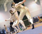 29 November 2009; Fergal Martin, Ireland, left, in action against Jonathan Weekes, Great Britain, during the Men's Individual Foil competition. Irish Open Fencing Championships, DCU, Dublin. Picture credit: Brian Lawless / SPORTSFILE