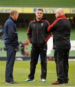 7 February 2016; Ireland head coach Joe Schmidt, left, in conversation with Wales head coach Warren Gatland, right, and Gareth Anscombe. RBS Six Nations Rugby Championship 2016, Ireland v Wales. Aviva Stadium, Lansdowne Road, Dublin. Picture credit: Ramsey Cardy / SPORTSFILE