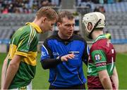 7 February 2016; Referee James Clarke speaks to the two captains, Anton Rafferty, Eoghan Rua, and Philip Roche, Glenmore, before the game. AIB GAA Hurling All-Ireland Junior Club Championship Final, Eoghan Rua v Glenmore. Croke Park, Dublin. Picture credit: Ray McManus / SPORTSFILE