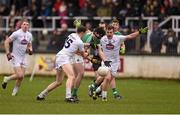 7 February 2016; Eoin Rignay, Offaly, in action against Cathal McNally, left, and Niall Kelly, Kildare. Allianz Football League, Division 3, Round 2, Kildare v Offaly. St Conleth's Park, Newbridge, Co. Kildare. Photo by Sportsfile