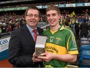 7 February 2016; Pictured is Eddie Buckley, Regional Director Midlands, AIB, presenting Alan Murphy, from Glenmore, with the Man of the Match award for his outstanding performance in the AIB GAA Hurling All-Ireland Junior Club Championship Final, Eoghan Rua v Glenmore in Croke Park. For exclusive content and to see why AIB are backing Club and County follow us @AIB_GAA and on Facebook at Facebook.com/AIBGAA.  Picture credit: Ray McManus / SPORTSFILE