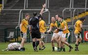 7 February 2016; Darragh Smyth, Mickey Burke, Paddy O’Rourke and Conor McGill, Meath, remonstrate in front of referee Sean Hurson after a decision goes against their team. Allianz Football League, Division 2, Round 2, Fermanagh v Meath. Brewster Park, Enniskillen, Co. Fermanagh. Picture credit: Seb Daly / SPORTSFILE